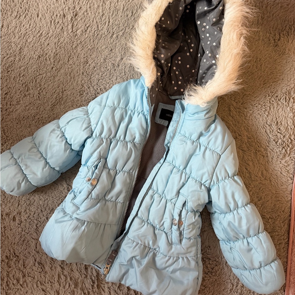 Light Blue Kids Puffer Jacket with Faux Fur Hood